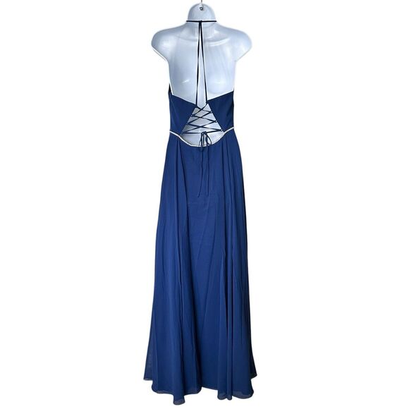 NWT Lulus 6 She's Gorgeous Navy Blue Lace-Up Rhinestone Maxi Dress 126$ - Picture 3 of 16